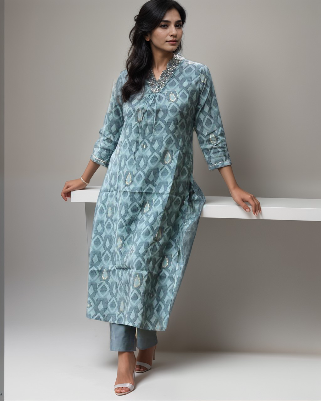 Pastel Blue Ikat Print Kurta Set – Cotton Women's Co-ord"