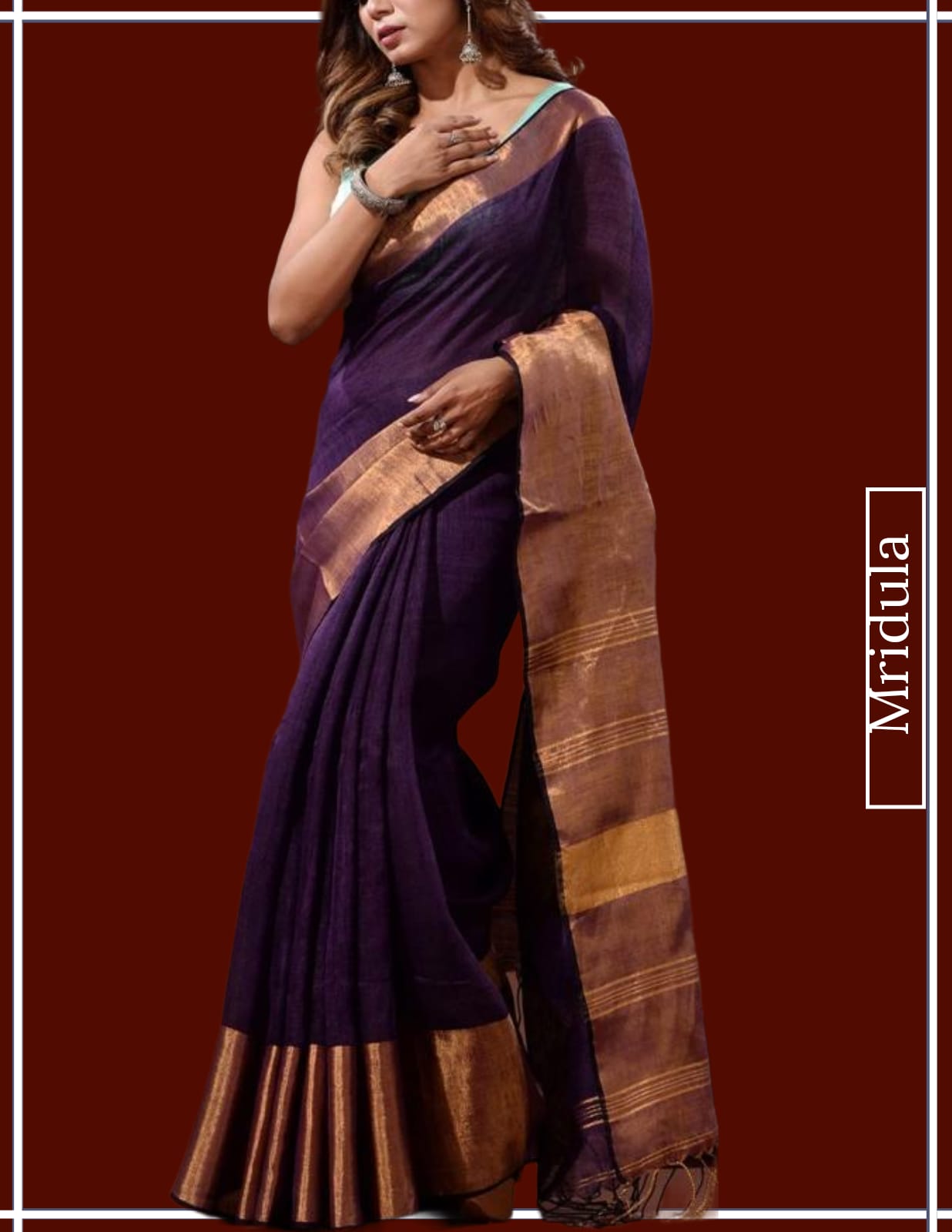Woman wearing a pure linen saree in purple with copper zari border by Mridula