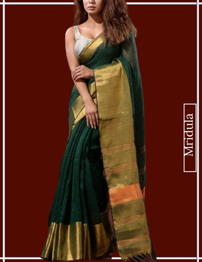 Mridula Pure Linen Kasavu Saree in Green & Gold
