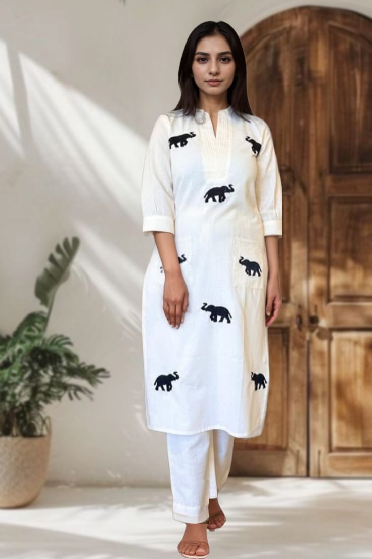 Subtle summer elephant print kurta set, Mridula, cotton co ord set, cotton kurta set, pure cotton, co ord set