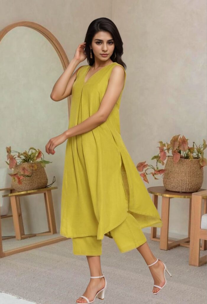 Yellow sleeveless A-line cotton kurta set with palazzos by Mridula