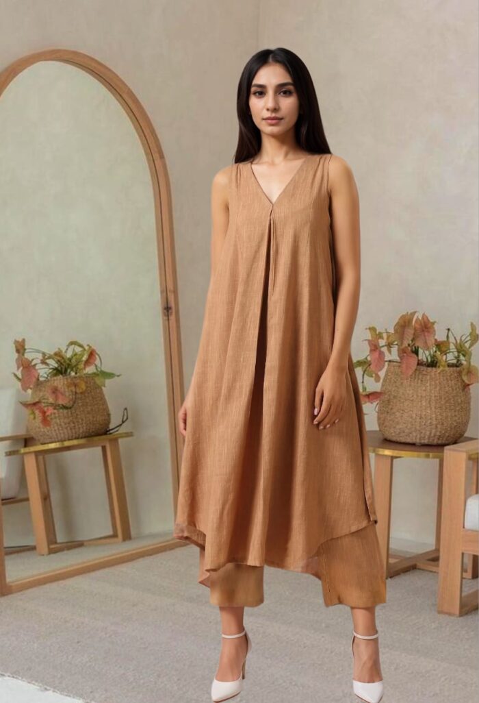 Beige sleeveless A-line cotton kurta set with palazzos by Mridula
