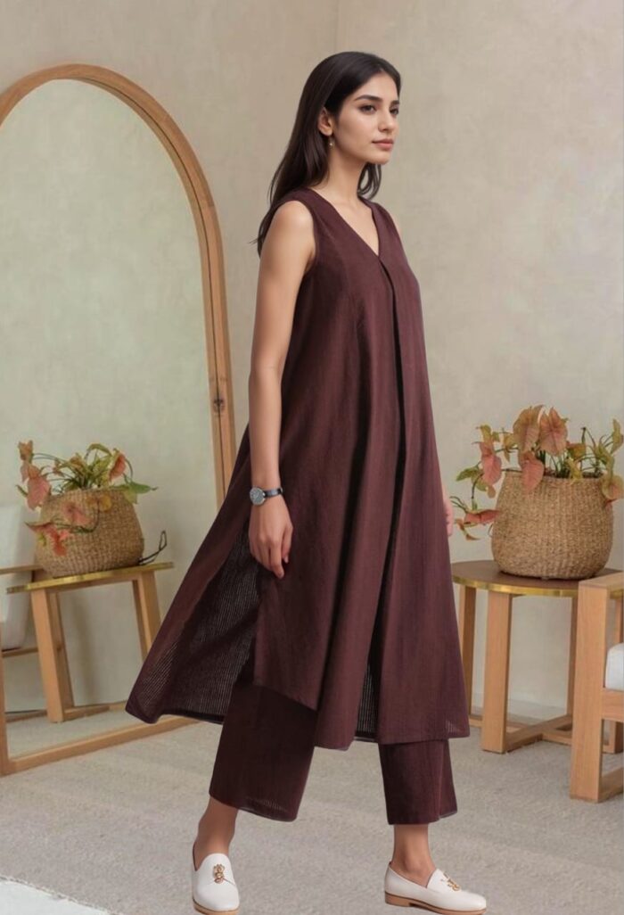 Brown sleeveless A-line cotton kurta set with palazzos by Mridula