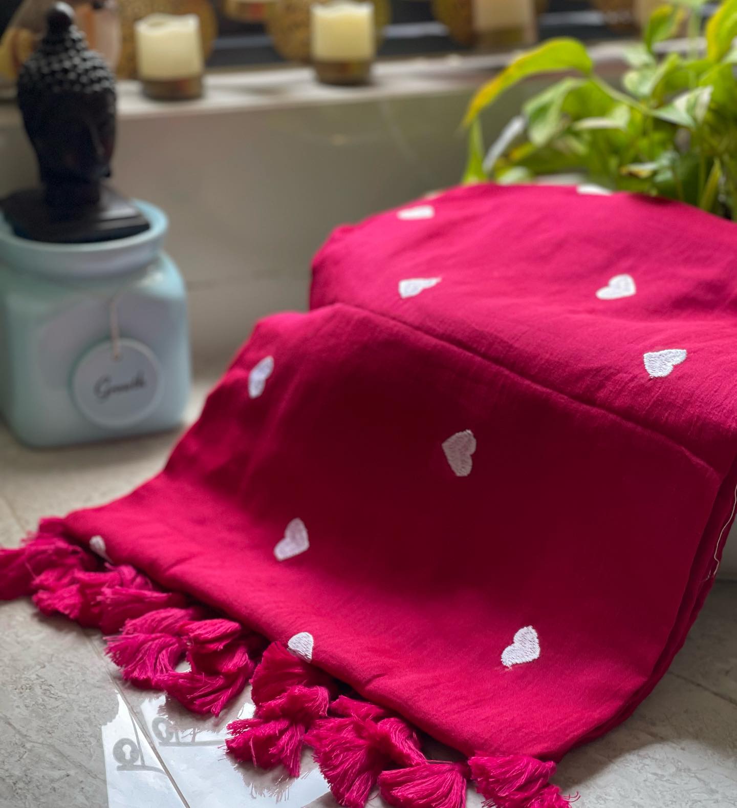 Hot Pink Mul Cotton Saree with White Heart Embroidery and Tassels
