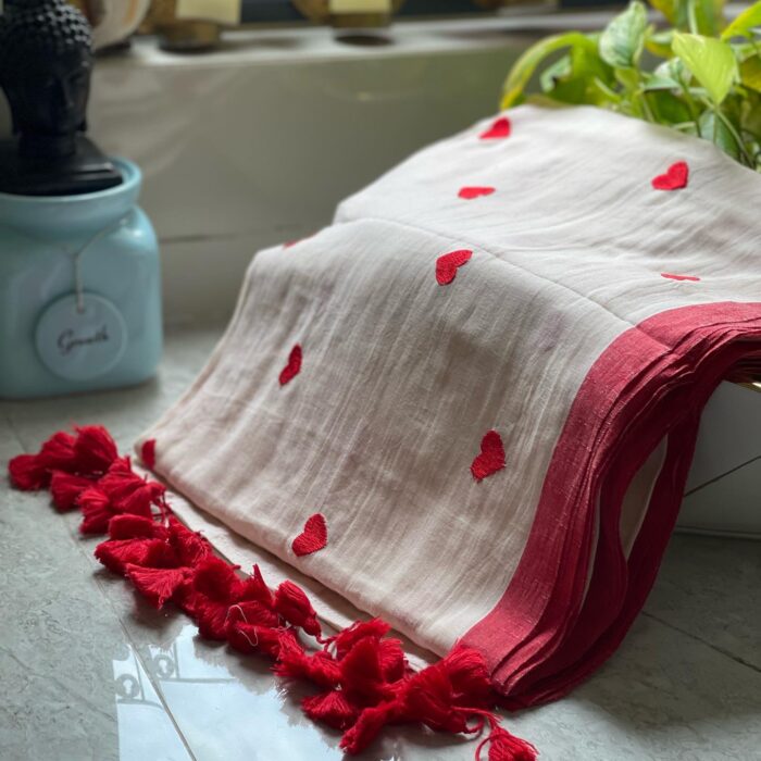 Mul cotton saree with heart embroidery