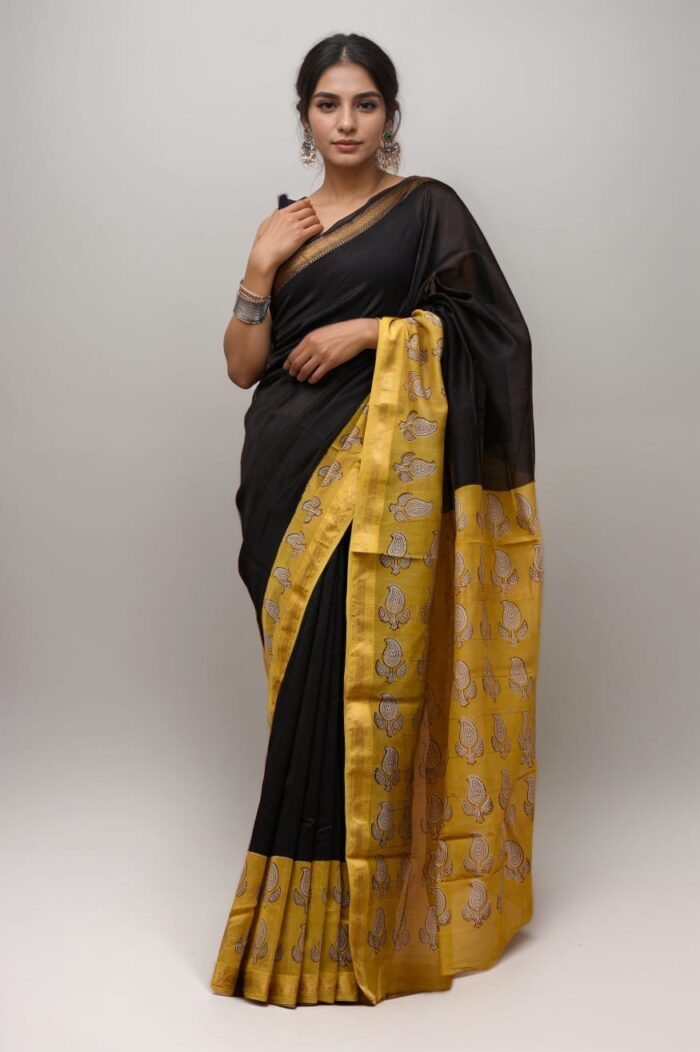 Black Maheshwari Silk Saree with Yellow Floral Zari Border