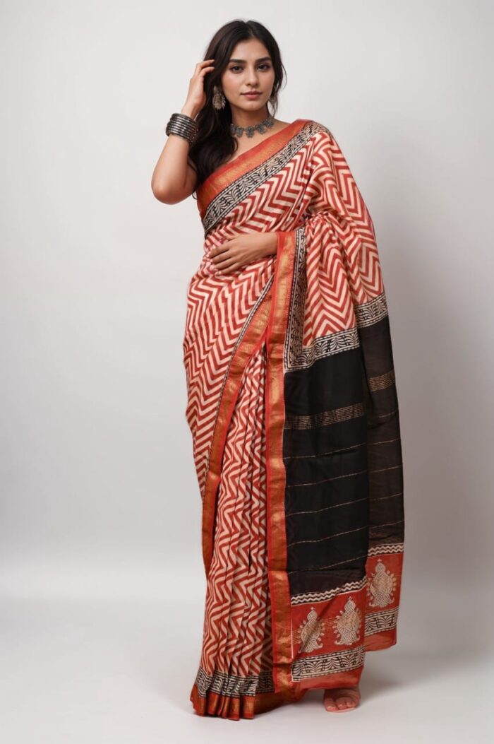 Orange and Black Pure Maheshwari Silk Saree with Chevron Design