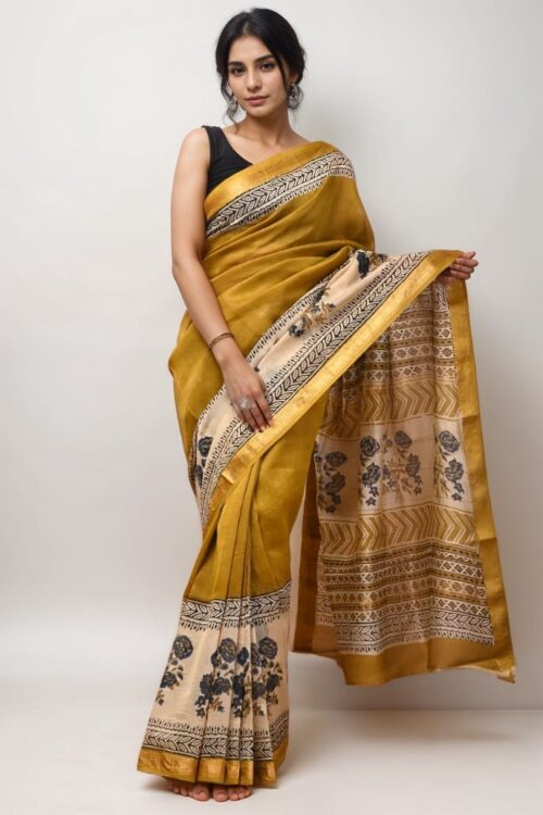 Mridula Mustard Yellow Maheshwari Silk Saree with Beige Floral Border – Pure Handwoven Silk