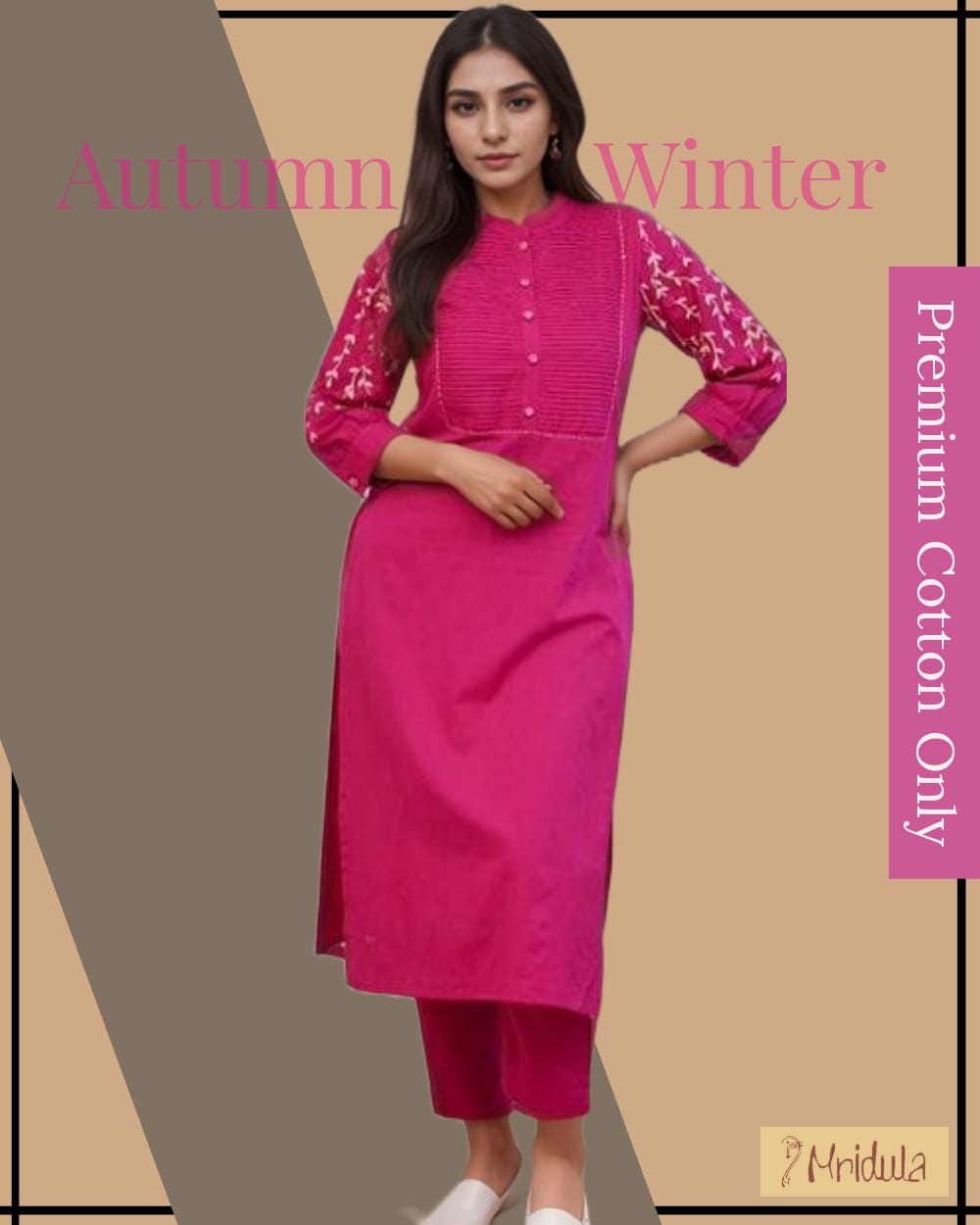 Woman wearing a fuchsia embroidered cotton kurta set with matching pants