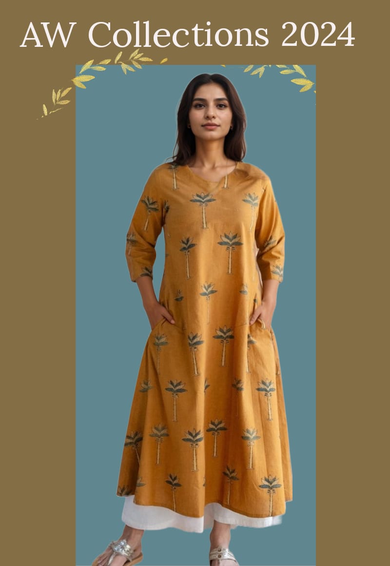 Woman wearing mustard handblock printed cotton A-line kurta with palm motifs
