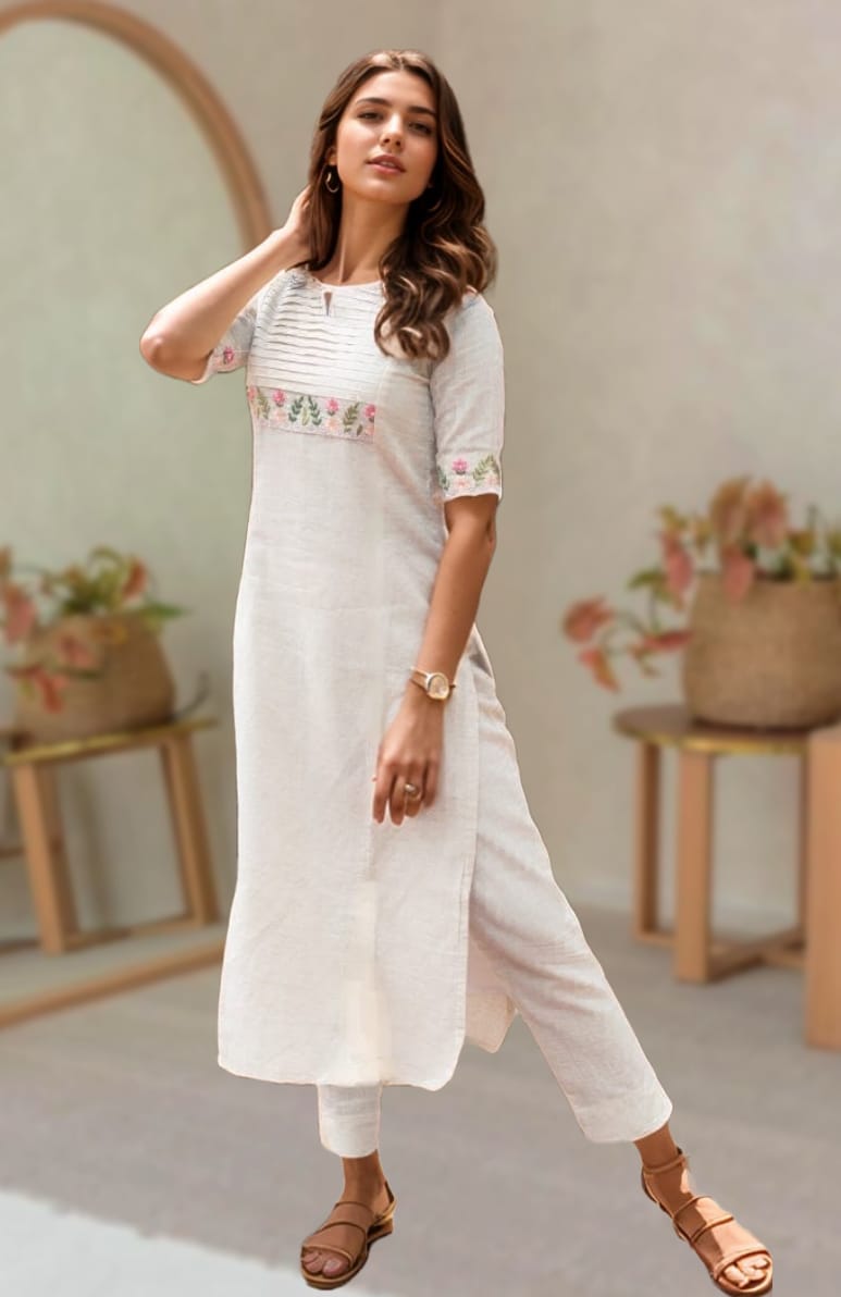 Model wearing a pastel embroidered off-white cotton kurta set with straight pants