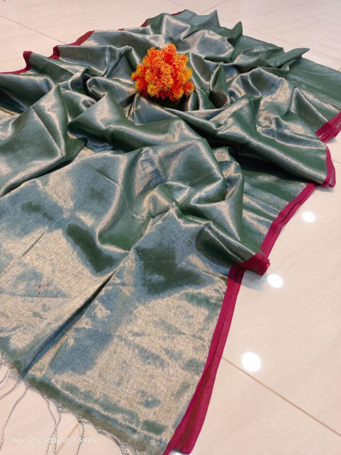Mridula Elegant Beige Mul Tissue Saree with Red Border – Lightweight and Luxurious - Image 3