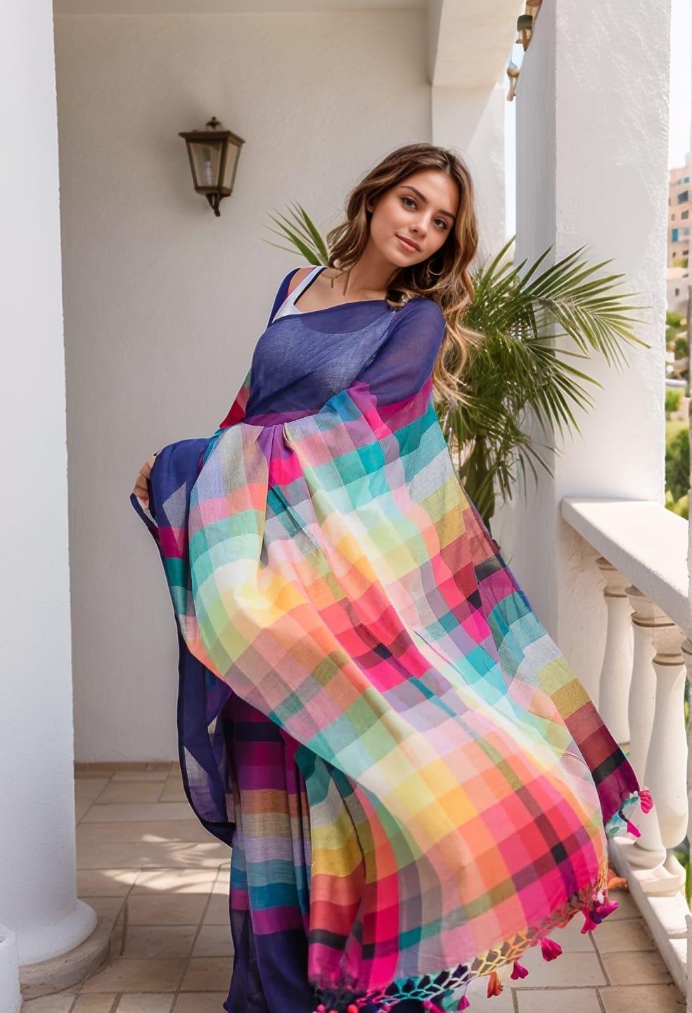 Model in multicolor checkered mul cotton saree on a breezy balcony