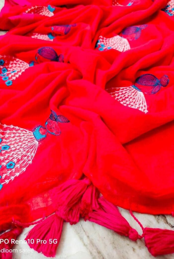 Red mul cotton saree with handmade doll embroidery and tassels
