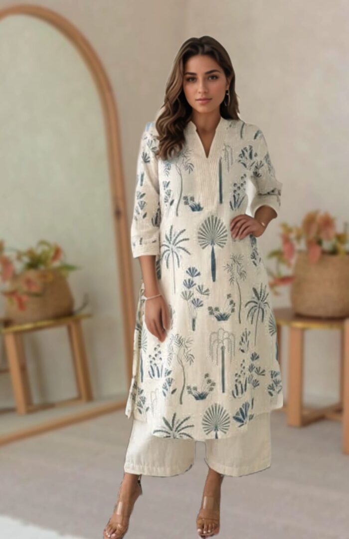 Mridula Ivory Printed Cotton Kurta Set with Nature-Inspired Motifs - Image 3