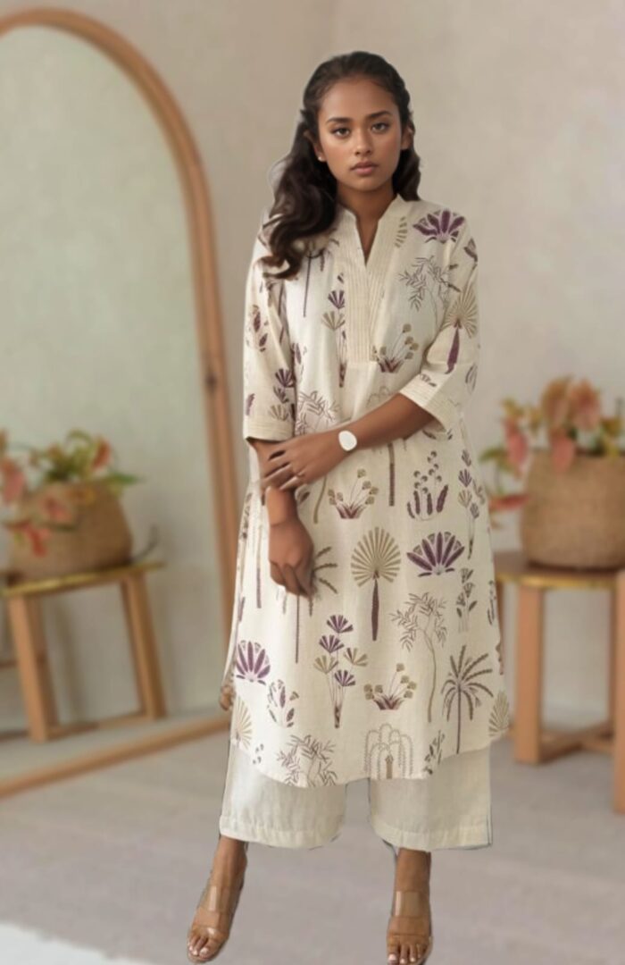 Mridula Ivory Printed Cotton Kurta Set with Nature-Inspired Motifs - Image 4